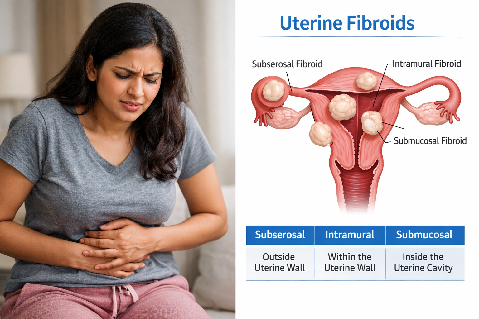 Illustration showing uterine fibroids and treatment options